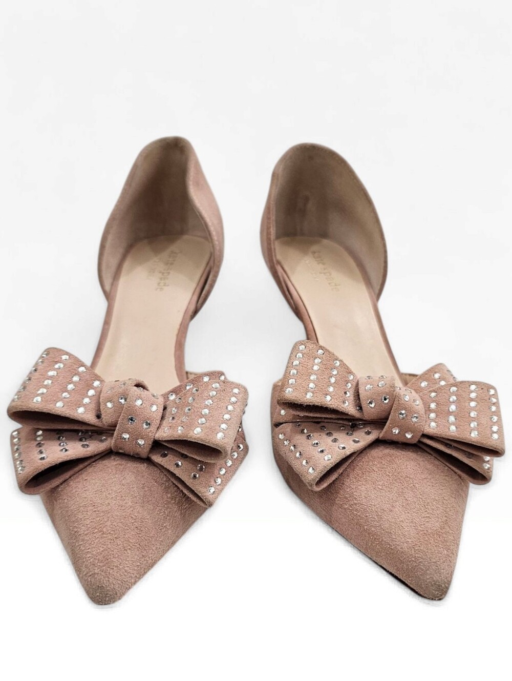 KATE SPADE Sterling Blush Pink Suede D'Orsay Rhinestone Bow Pointed Toe Pumps 7M - Picture 4 of 11